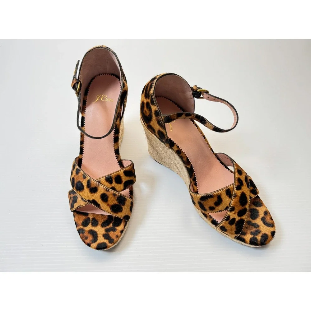 J Crew Jute Wedge Sandal Women 10 NWOB Espadrille  Leopard Calf Hair Ankle Strap